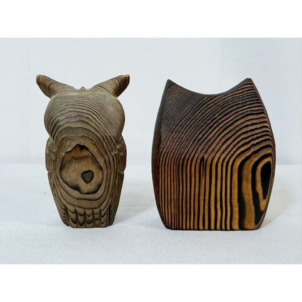 Vintage Cryptomeria Wood Carved Owl Lot of 4 Folk Art Big Eyes Woodland Forest
